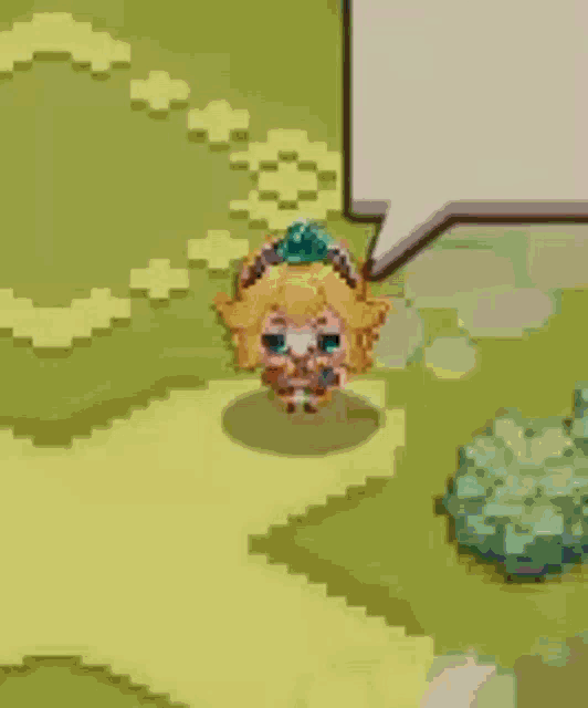 a little girl is standing in the grass with a speech bubble that says ances .