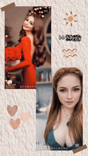 a woman in a red dress is on a collage with the words be happy written on it