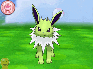 a yellow and purple eevee is standing in a field