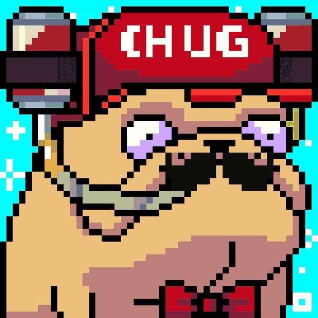a pixel art of a pug wearing sunglasses and a red hat with the word chug on it