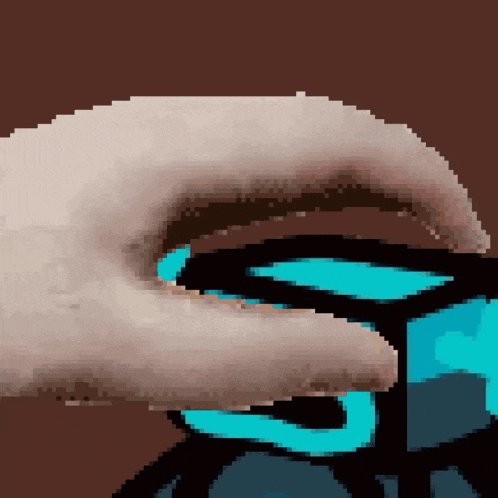 a pixel art of a hand holding a cube with the letter s on it