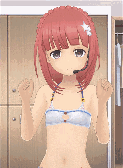 a girl with red hair is wearing a bra and a microphone