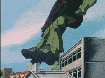 a green robot is flying through the air