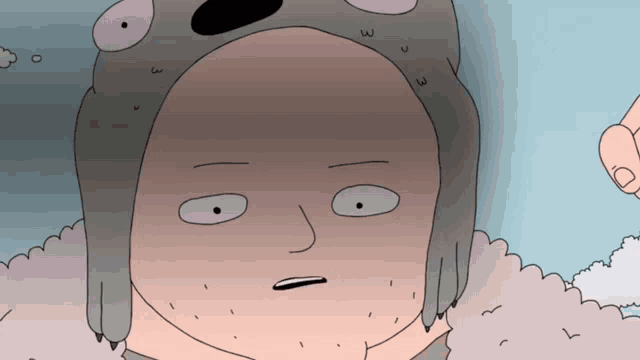 a cartoon drawing of a man wearing a hat with a bear face on it