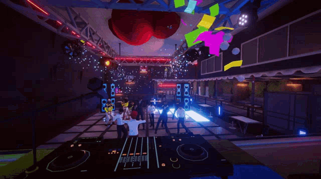 a computer generated image of a dance floor with people dancing and a dj playing a track with the letters dj on it