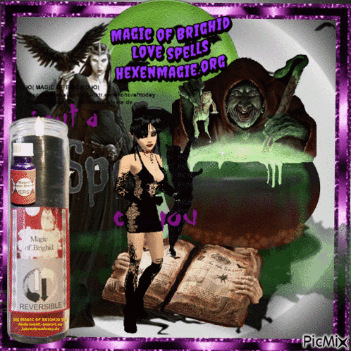 a picture of a witch and a candle that says magic of bright love spells hexenmagie.org
