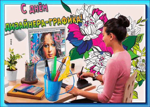 a woman is sitting at a desk in front of a computer with a picture of a woman on it
