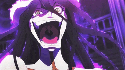 a close up of a cartoon character with purple hair making a funny face with her mouth open .