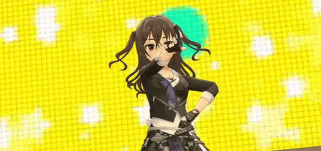 a girl in a black jacket and gloves is pointing at something .