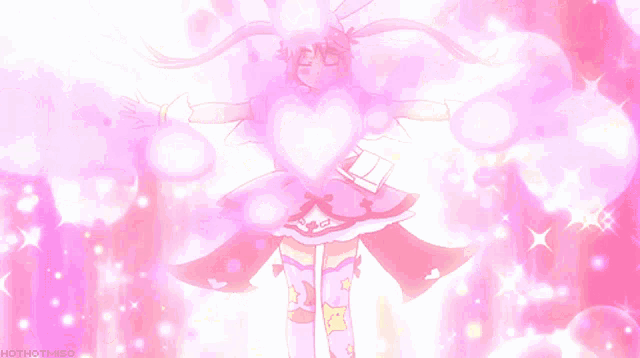 a girl in a pink dress is surrounded by sparkles and the words hothotmiso on the bottom