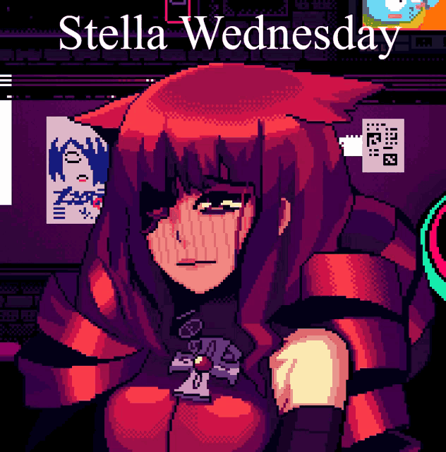 a pixel art of a girl with the words stella wednesday on the bottom