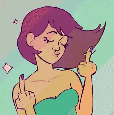 a cartoon of a woman blowing a kiss while giving the middle finger