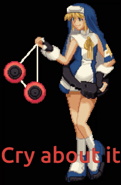 a pixel art image of a girl holding a yo-yo with the words cry about it below her