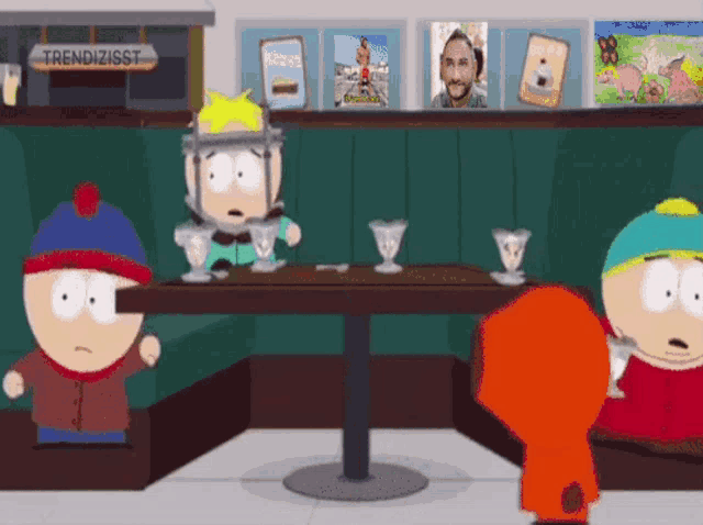 a cartoon of south park characters sitting at a table in front of a trendzisst sign