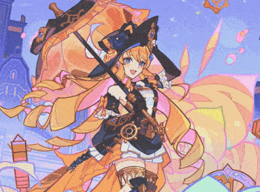 a cartoon drawing of a girl with a sword and umbrella