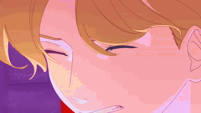 a close up of a person 's face with a purple background