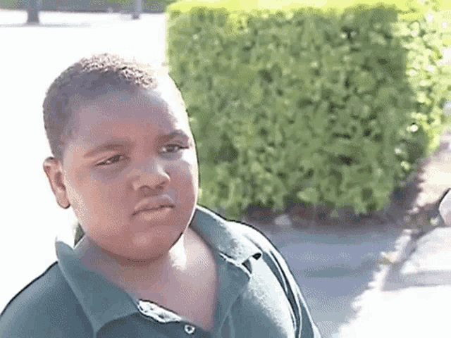 a young boy in a green shirt is standing in front of a bush .