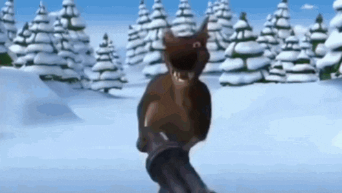 a cartoon squirrel is standing in the snow in front of a snowy forest .