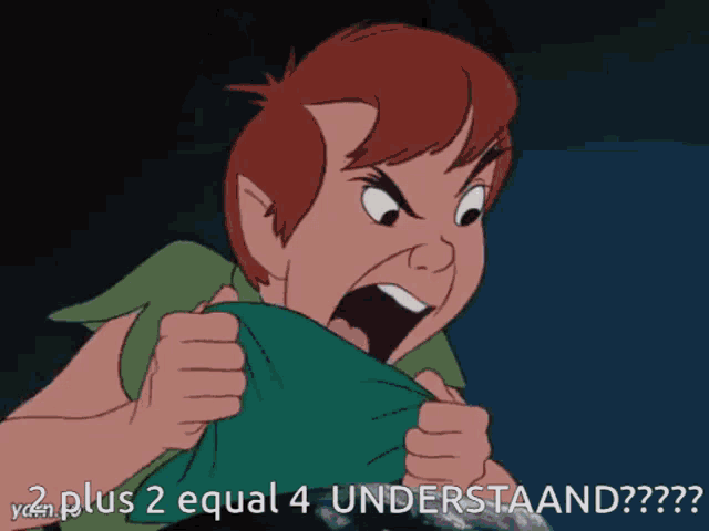 a cartoon of peter pan with the words 2 plus 2 equal 4 understaand