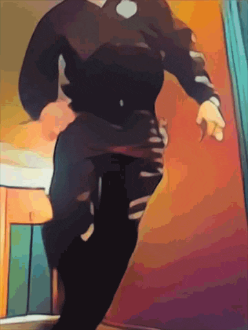 a cartoon drawing of a person standing in front of a red door