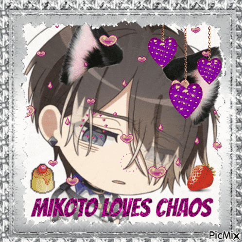a picture of a man with cat ears and the words mikoto loves chaos