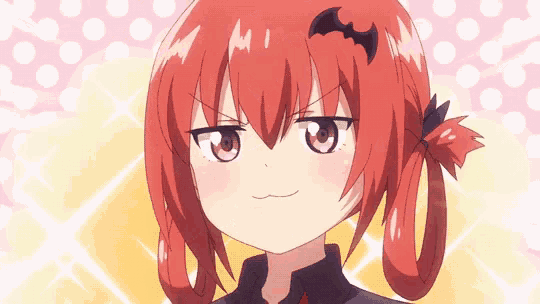 a cartoon girl with red hair and a bat on her head .