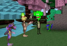 a group of cartoon characters are standing in a grassy area