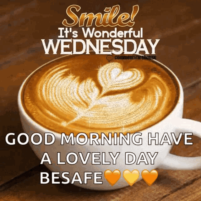 a cup of coffee on a wooden table with the words `` smile it 's wonderful wednesday ''