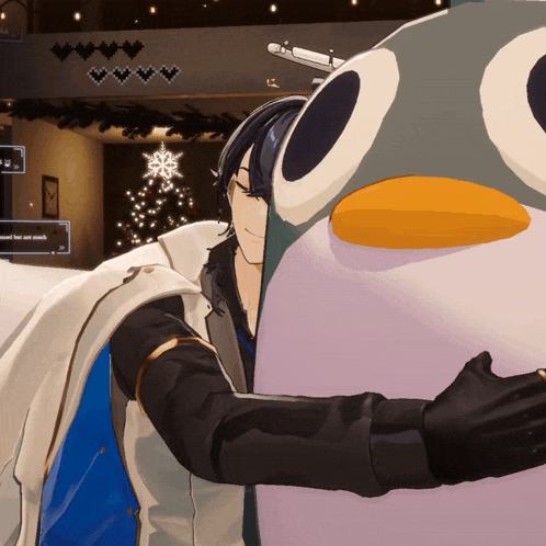 a penguin is being hugged by a man in a white coat