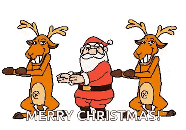 a cartoon of santa claus and three reindeer dancing together .