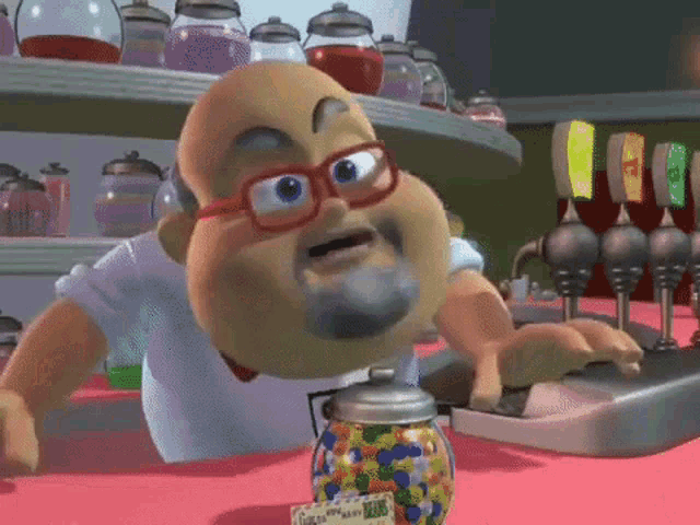 a cartoon character with glasses and a beard is standing next to a jar of jelly beans .