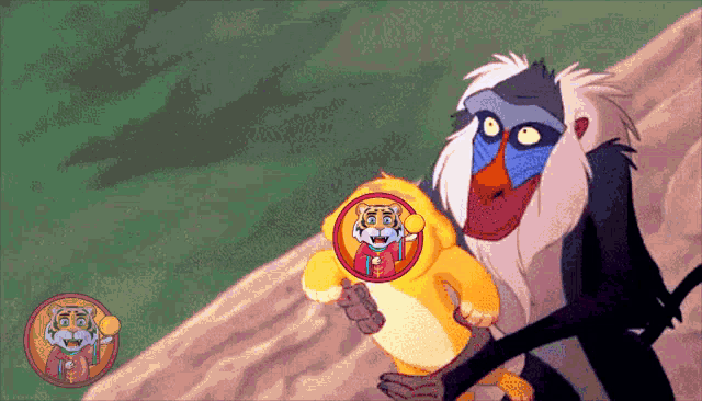 a cartoon of a monkey holding a stuffed animal with a tiger on it