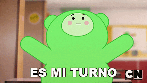 a green cartoon character with the words es mi turno cn below it