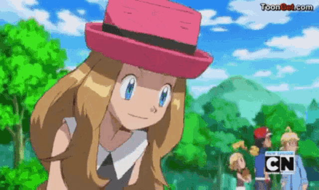 a cartoon girl wearing a pink hat and a cn logo