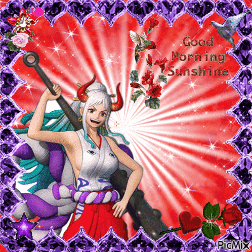 a picture of a woman with horns and the words good morning sunshine on the bottom