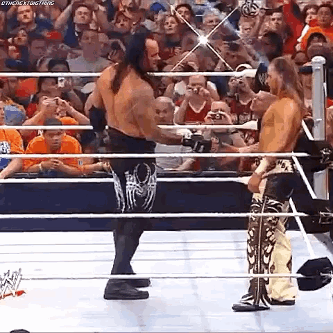 a couple of wrestlers are standing in a ring talking to each other .