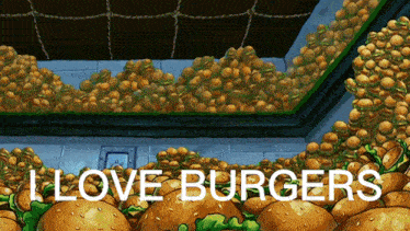 a bunch of hamburgers with the words " i love burgers "