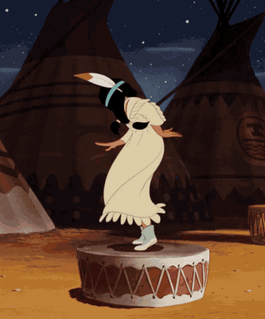 a cartoon girl is dancing on a drum in front of a teepee
