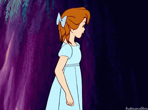 a cartoon of wendy from peter pan in a blue dress with a bow in her hair .