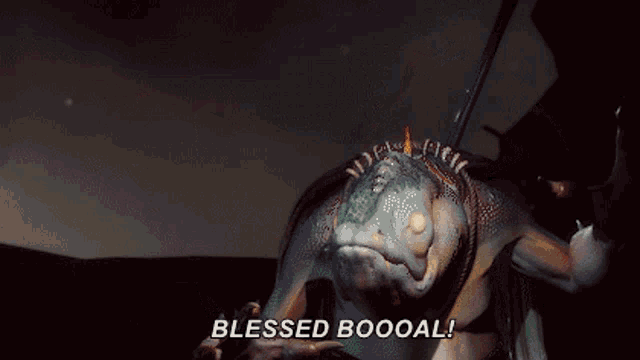 a video game character says " blessed boooal " in a dark room