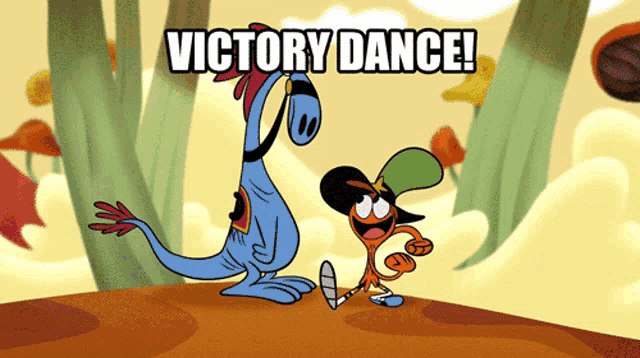 a cartoon of a dinosaur and a man with the caption victory dance