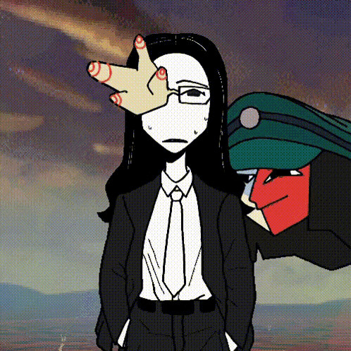 a cartoon of a woman in a suit with a hand on her face