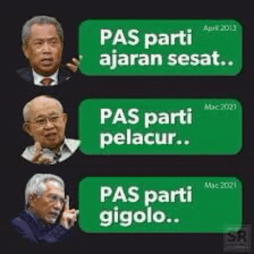a collage of three pictures of men with the words pas parti ajaran sesat pas parti pelacur pas parti gigolo written on them .