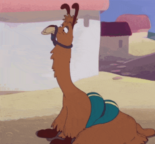 a cartoon llama is wearing a blue and white striped shorts