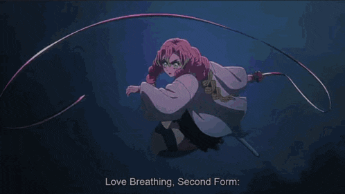a woman with pink hair is holding a sword and says love breathing second form .