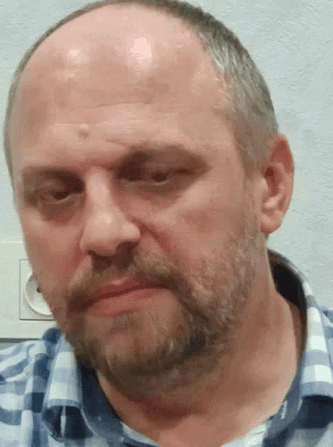 a bald man with a beard wearing a blue and white plaid shirt