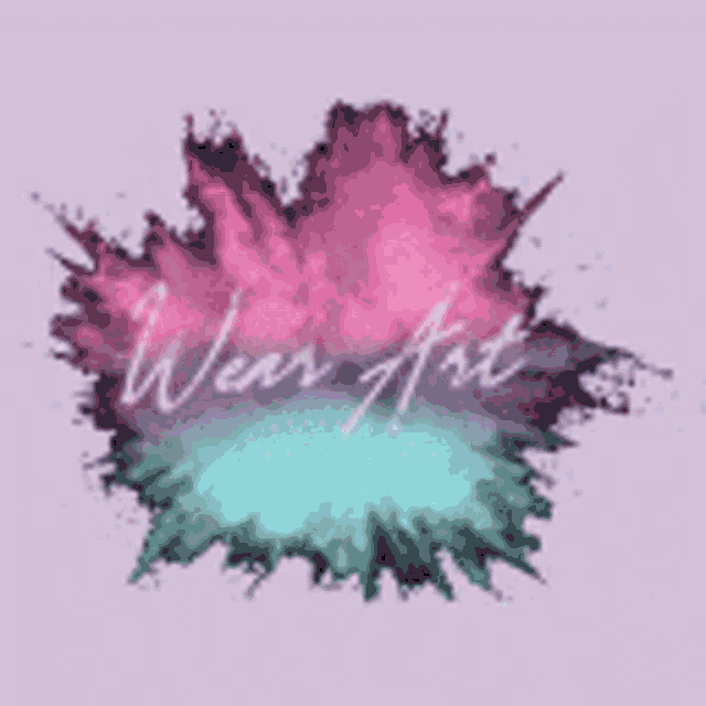 a pink , purple , and blue splash of paint on a white background with the words wear art written on it .
