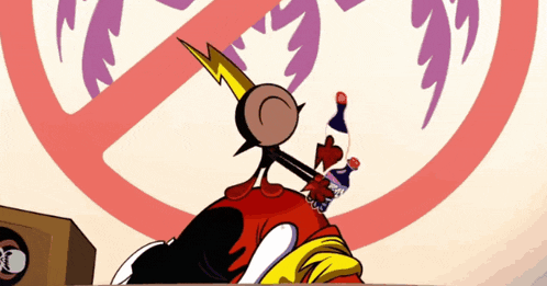 a cartoon character with a lightning bolt on his head and a bottle in his mouth