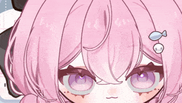 a drawing of a girl with pink hair and purple eyes has an angry face