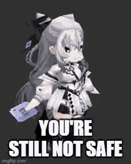 a girl in a white dress is holding a book and says `` you 're still not safe `` .